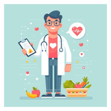 Kalp sağlığı için meyve ve sebzelerin faydalarını anlatan gülümseyen bir doktor görüntüsü. Vektör düz biçim posteri.