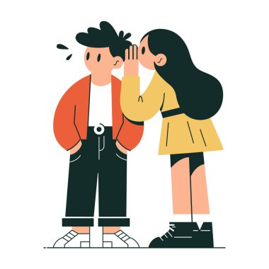 Kız bir oğlanın kulağına bir sır fısıldıyor. Beyaz arkaplanda izole edilmiş karakterler.