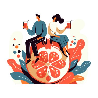 Kadın ve erkek büyük bir narın üzerinde oturuyor ve ellerinde meyve suyu bardakları var. Düz vektör biçiminde renk illüstrasyonu.