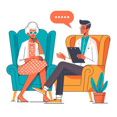 Rahat bir ofiste, yumuşak sandalyeli bir psikologla seansta olan bir kadın. Düz vektör biçiminde renk illüstrasyonu.