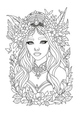 Tacıyla süslenmiş ve çiçeklerle süslenmiş güzel bir genç kadın. Çocuklar ve yetişkinler için boyama sayfası. Renkler için siyah ve beyaz illüstrasyon.
