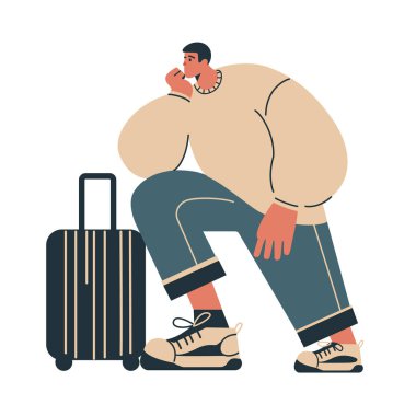 Genç adam tekerlekli bir seyahat çantasının yanında duruyor. Düz vektör biçiminde renk illüstrasyonu.