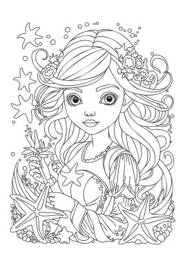 Şirin bir kızın portresi. Çocuklar ve yetişkinler için boyama sayfası. Renklendirme için resim.