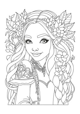 Çiçeklerle süslenmiş uzun saçlı şirin bir elf. Çocuklar ve yetişkinler için boyama sayfası. Renklendirme için resim.