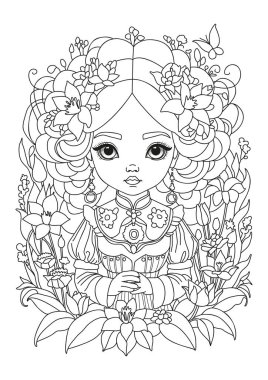 Saçları çiçeklerle süslenmiş sevimli bir kızın portresi. Çocuklar ve yetişkinler için boyama sayfası. Renklendirme için resim.