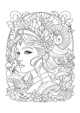 Sıra dışı bir başlık takmış genç bir kadının portresi. Çocuklar ve yetişkinler için boyama sayfası.