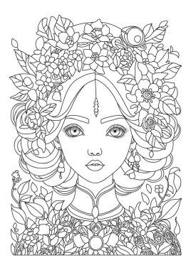 Çiçeklerle süslenmiş güzel bir genç kadının portresi. Çocuklar ve yetişkinler için boyama sayfası. Renklendirme için resim.