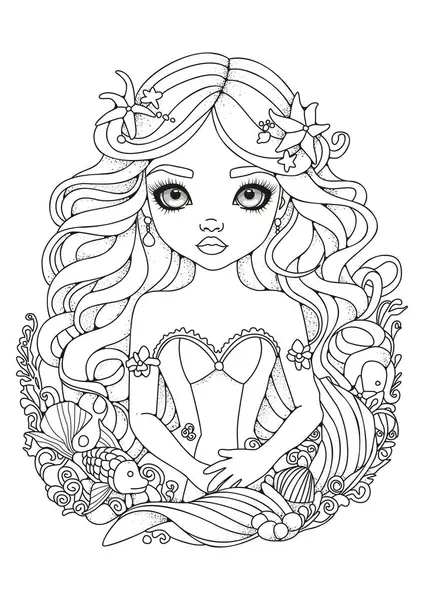 Uzun dalgalı saçlı şirin bir denizkızının portresi. Çocuklar ve yetişkinler için boyama sayfası. Sanat terapisi.