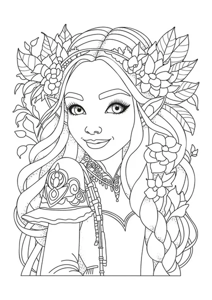 Çiçeklerle süslenmiş uzun saçlı şirin bir elf. Çocuklar ve yetişkinler için boyama sayfası. Renklendirme için resim.