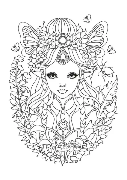 Çiçekler ve kelebek kanatlarıyla süslenmiş güzel bir genç kadının portresi. Çocuklar ve yetişkinler için boyama sayfası. Renklendirme için resim.