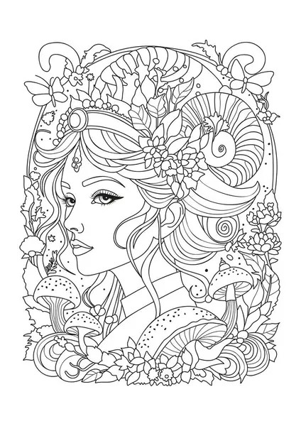 Sıra dışı bir başlık takmış genç bir kadının portresi. Çocuklar ve yetişkinler için boyama sayfası.