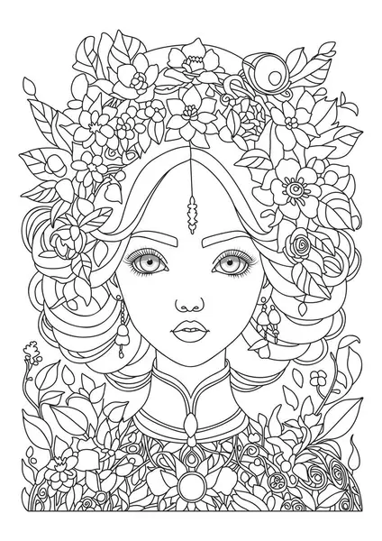 Çiçeklerle süslenmiş güzel bir genç kadının portresi. Çocuklar ve yetişkinler için boyama sayfası. Renklendirme için resim.