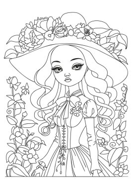Çiçeklerle süslenmiş geniş kenarlı şapkalı bir kızın portresi. Çocuklar ve yetişkinler için boyama sayfası. Renklendirme için resim.