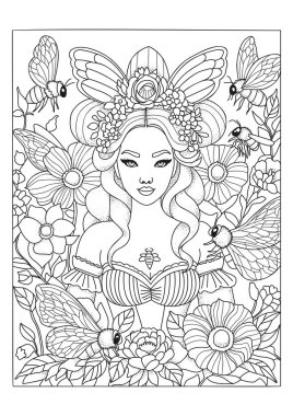 Çiçeklerle süslenmiş güzel saçlı, etrafta uçuşan arıları olan tatlı bir kız. Çocuklar ve yetişkinler için boyama sayfası. Renklendirme için resim.