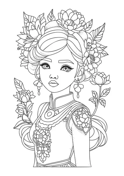 Çiçeklerle süslenmiş güzel bir kızın portresi. Çocuklar ve yetişkinler için boyama. Renklendirme için resim.