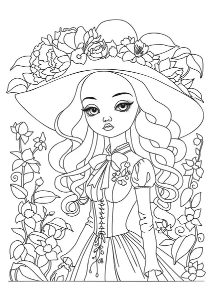 Çiçeklerle süslenmiş geniş kenarlı şapkalı bir kızın portresi. Çocuklar ve yetişkinler için boyama sayfası. Renklendirme için resim.