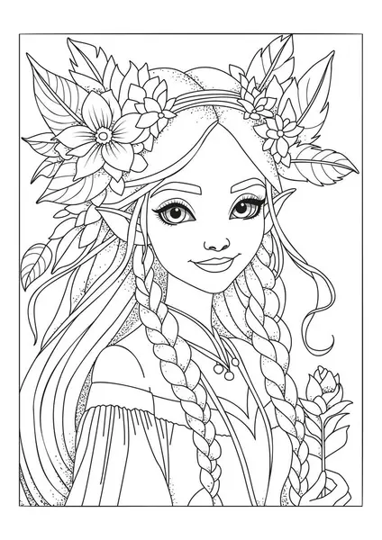 Uzun kulaklı sevimli bir peri kızı portresi. Çocuklar ve yetişkinler için boyama sayfası. Renklendirme için resim.