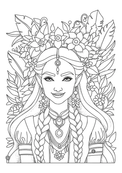 Çiçeklerle süslenmiş, güzel, neşeli bir kızın portresi. Çocuklar ve yetişkinler için boyama sayfası. Renklendirme için resim.