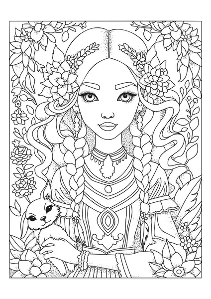 Yumuşak oyuncaklı şirin bir kızın portresi. Çocuklar ve yetişkinler için boyama sayfası. Renklendirme için resim.