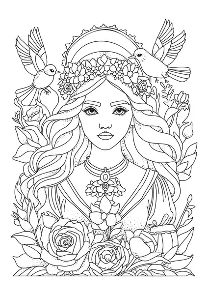 Etrafında kuşlar uçuşan çiçeklerle süslenmiş güzel bir genç kadının portresi. Çocuklar ve yetişkinler için boyama sayfası. Renklendirme için resim.