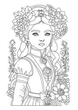 Saçları çiçeklerle süslenmiş zarif bir kız. Boyama sayfası. Renklendirme için resim.