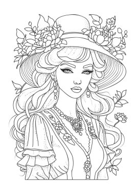 Geniş kenarlı şapkalı, şakayıkla süslenmiş güzel bir genç kadının portresi. Çocuklar ve yetişkinler için boyama. Renklendirme için resim.