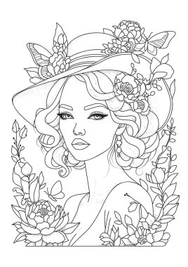 Çiçeklerle süslenmiş şapkalı güzel bir genç kadının portresi. Çocuklar ve yetişkinler için boyama. Renklendirme için resim.