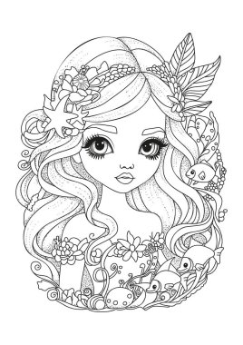 Şirin bir denizkızının portresi. Çocuklar ve yetişkinler için boyama sayfası. Renklendirme için resim.