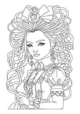Rastalı güzel bir kızın portresi. Boyama sayfası. Renklendirme için resim.