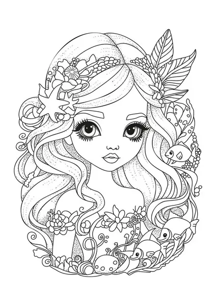 Şirin bir denizkızının portresi. Çocuklar ve yetişkinler için boyama sayfası. Renklendirme için resim.