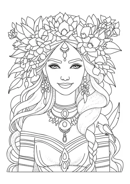 Çiçeklerle süslenmiş uzun saçlı bir kızın portresi. Boyama sayfası. Renklendirme için resim.