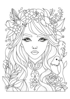 Çocuklar ve yetişkinler için boyama sayfası. Saçları çiçeklerle süslenmiş güzel bir kızın portresi. Renklendirme için resim.