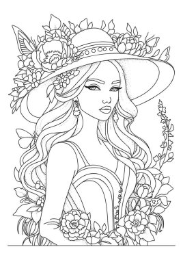 Çiçeklerle süslenmiş şapkalı güzel bir genç kadının portresi. Çocuklar ve yetişkinler için boyama sayfası.