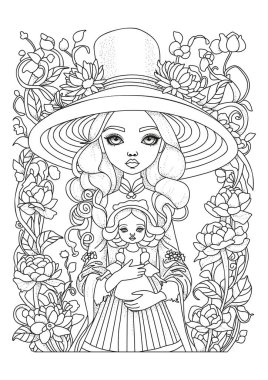 Geniş kenarlı şapkalı bir kız elinde bir bebek tutuyor. Çocuklar ve yetişkinler için boyama. Renklendirme için resim.