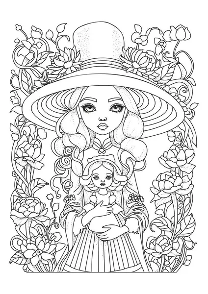 Geniş kenarlı şapkalı bir kız elinde bir bebek tutuyor. Çocuklar ve yetişkinler için boyama. Renklendirme için resim.