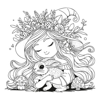 Çocuklar ve yetişkinler için boyama sayfası. Çiçeklerle süslenmiş geniş kenarlı şapkalı tatlı bir kız pofuduk bir tavşana sarılıyor..