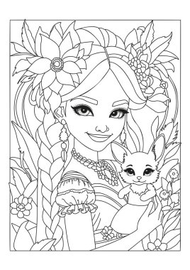 Yumuşak bir oyuncak tutan güzel bir kızın portresi. Çocuklar ve yetişkinler için boyama sayfası. Renklendirme için resim.