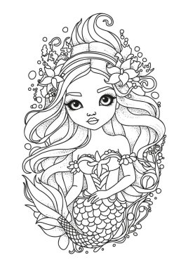 Güzel bir denizkızının portresi. Çocuklar ve yetişkinler için boyama kitabı. Renklendirme için resim.