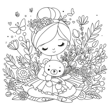 Çocuklar için boyama sayfası. Oyuncak ayıyla oturan sevimli balerin..