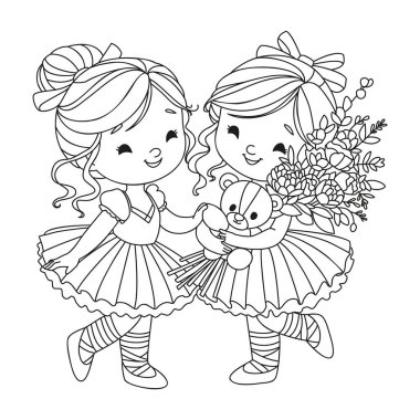Bir oyuncak ve bir buket çiçekle dans kostümlü iki tatlı kız. Çocuklar ve yetişkinler için boyama sayfası. Renklendirme için resim.