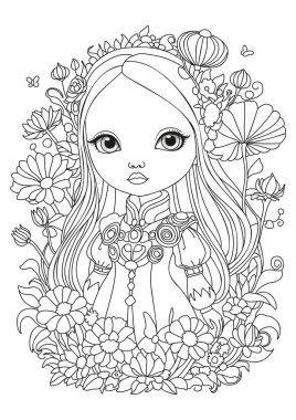 Çocuklar ve yetişkinler için boyama sayfası. Çiçeklerin arasında duran uzun saçlı tatlı bir kızın portresi..