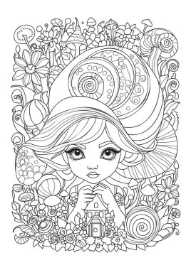 Garip şapkalı şirin bir kızın portresi. Çocuklar ve yetişkinler için boyama sayfası. Renklendirme için resim.