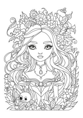 Çiçeklerle süslenmiş şirin bir kızın portresi. Çocuklar ve yetişkinler için boyama sayfası. Renklendirme için resim.