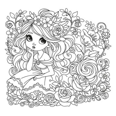 Hayalperest tatlı kız bahçede çiçeklerin arasında oturuyor. Çocuklar ve yetişkinler için boyama sayfası. Renklendirme için resim.