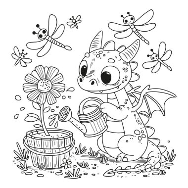Su kutusundan çiçek sulayan sevimli ejderha. Çocuklar ve yetişkinler için boyama. Renklendirme için resim.