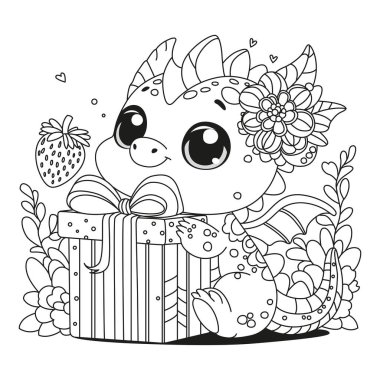 Şirin ejderha, fiyonkla süslenmiş bir hediye kutusuna sarılıyor. Çocuklar ve yetişkinler için boyama sayfası. Renklendirme için resim.