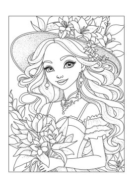 Çiçeklerle süslenmiş şapkalı ve bir buket zambakla süslenmiş şirin bir kızın portresi. Çocuklar ve yetişkinler için boyama sayfası. Renklendirme için resim.