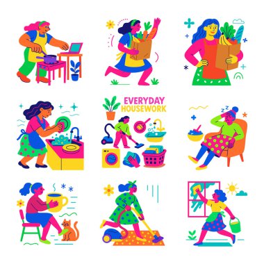 Hazır ol. Kadın günlük ev işi yapıyor. Düz bir şekilde vektör illüstrasyonu. Neon renkleri.