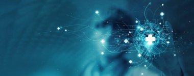 Sağlık teknolojisi, tıp doktoru dijital küresel tıbbi veri alışverişi ağına dokunuyor. Sosyal ağ bağlantısı üzerine dijital sağlık hizmeti Hologram modern arayüz, Tıbbın Geleceği. 