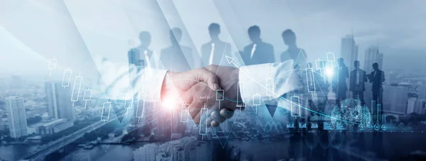 Takım çalışması, Ortaklık, Finans ve Stok. Anlaşma, borsa ve finansal tablolar. İş adamı ve küresel ağ bağlantısı dijital teknoloji, iş ve ekonomik büyüme grafiği. 